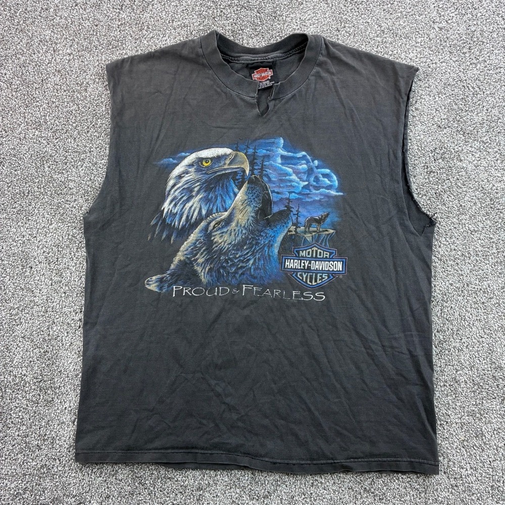 Vintage Harley Davidson Shirt Mens XL Black Cotton Muscle Eagle Wolf Distressed